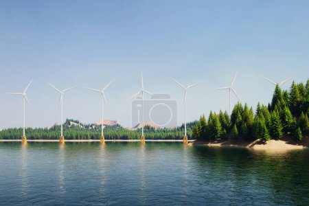 Photo for An offshore Windmill farm in the water. Multiple wind turbines producing electric power using the environmental force of wind with beautiful mountains in the background, and wavy water beneath them. - Royalty Free Image