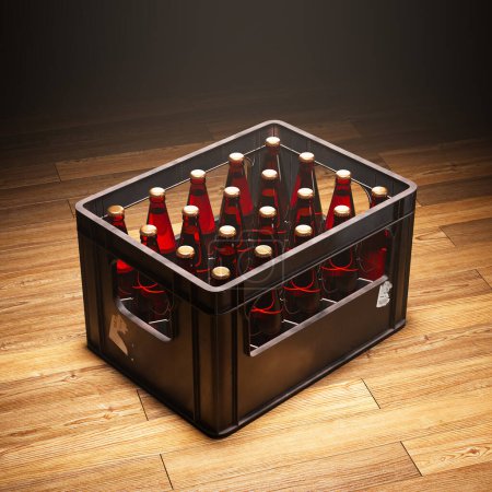 Black plastic beer crate full of glass beverage bottles standing in a spotlight on a wooden floor. Studio lighting. The fresh crate arrived. Party starting. Alkohol drinks ready.