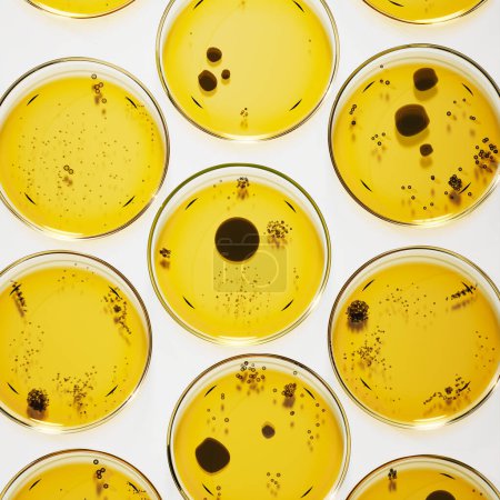 Foto de Esta cautivadora imagen muestra filas de placas Petri que contienen una forma plana circular de colonias bacterianas o de hongos negros. Placa amarilla de agar usada para diagnosticar infección. Microbiología, laboratorio - Imagen libre de derechos