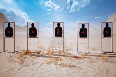 Photo for Shooting range on the desert with target riddled by bullets. Training practice or competition which requires great aiming accuracy and precision. Paper object damaged with great force by bullet hits. - Royalty Free Image