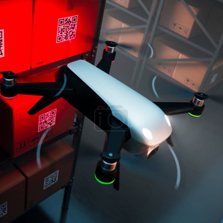 Futuriste drone entrepôt numérisation efficace des codes QR sur les boîtes en carton dans une étagère en métal. Cette image représente l'intégration transparente de la technologie dans la logistique et les opérations de la chaîne d'approvisionnement