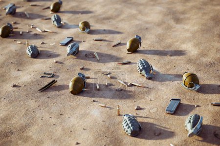 A chaotic battleground scene with grenades, bullets, and shells scattered on the sand, left behind by troops, who fought valiantly and left behind their equipment. The aftermath of intense combat