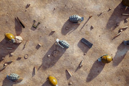 Photo for A chaotic battleground scene with grenades, bullets, and shells scattered on the sand, left behind by troops, who fought valiantly and left behind their equipment. The aftermath of intense combat - Royalty Free Image