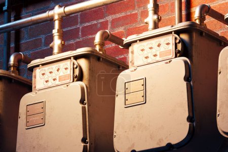 Photo for This image showcases various levels of gas meters and their corresponding visual representation of energy consumption on a brick wall. Discover the details of gas usage and energy efficiency - Royalty Free Image