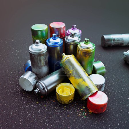 Multiple colorful spray paint cans in a stack against a dark background. A collection of colorful acrylic paint in aerosol, perfect for creative projects, artistic themes, DIY projects, and street art