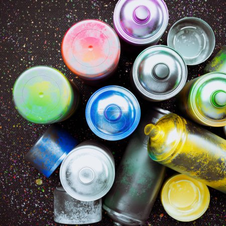 Foto de Múltiples latas de pintura en aerosol de colores en una pila sobre un fondo oscuro. Una colección de pintura acrílica colorida en aerosol, perfecta para proyectos creativos, temas artísticos, proyectos de bricolaje y arte urbano - Imagen libre de derechos