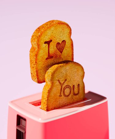 Téléchargez les photos : Capturez le charme et la douceur avec ce grille-pain rose adorable avec des toasts sortant avec le message sincère "Je t'aime". Parfait pour exprimer l'amour et créer une atmosphère chaleureuse - en image libre de droit