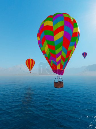 Téléchargez les photos : Des montgolfières colorées survolant le lac entouré de montagnes. Quatre grands ballons multicolores s'élèvent lentement contre le ciel bleu. Réflexion sur l'eau claire. Voyage, aventure, festival. - en image libre de droit