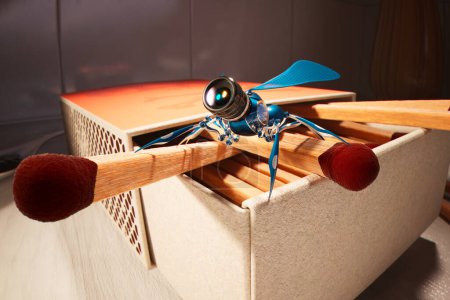 Robot voyeur azul extremadamente pequeño parado en una caja de fósforos mirando a los residentes. Micro insecto con lente para cámara. La cámara se centra en algo privado. Macros detallados.