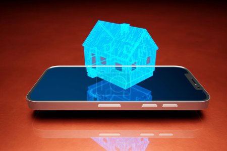 Symbol of a modern home. The virtual house above the smartphone on the copper background. Smart home devices. Accessories in the wireless network. Modern technology communication domestic appliances.