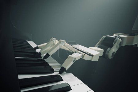 Un robot moderno y futurista toca música en el piano. A
