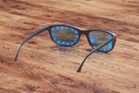 Pair of blue smart glasses lying on a wooden desk surface. AR overlay shows different functions like phone, messages, calendar, calculator, music, and shopping. A sophisticated piece of technology.