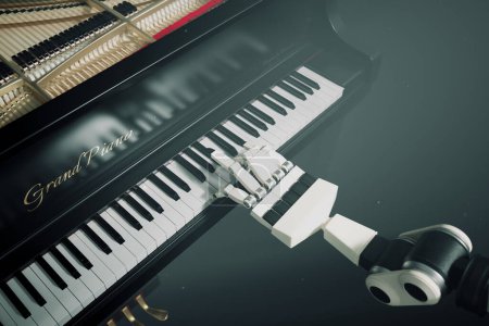 Foto de Un robot moderno y futurista toca música en el piano. A - Imagen libre de derechos