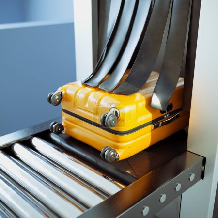 Scanvorgang des Gepäcks an der Sicherheitskontrolle am Flughafen. Das Personal sucht nach versteckten verbotenen Gegenständen, um die Sicherheit aller Passagiere zu gewährleisten und eine sichere Reiseumgebung aufrechtzuerhalten. Röntgenbilder