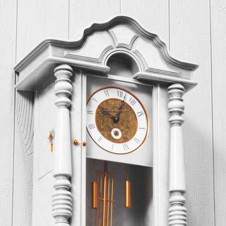 Photo for A beautiful white wooden vintage clock, with intricate carvings and delicate details, hangs gracefully on a bright wall made of rustic planks. Its elegant presence brings a touch of timeless charm - Royalty Free Image