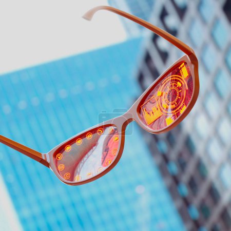 Téléchargez les photos : Paire de lunettes intelligentes orange avec un paysage urbain en arrière-plan. Lunettes élégantes et futuristes disposent d'une superposition de réalité augmentée qui affiche diverses fonctions, informations et fonctionnalités. - en image libre de droit