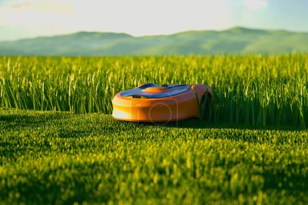 Photo for A lawn robot in the middle of the grass yard. Robotic lawnmower trimming the grass. Auto lawn mower cutting grass. Wireless controlled smart equipment for garden grass mow. Modern remote technology. - Royalty Free Image