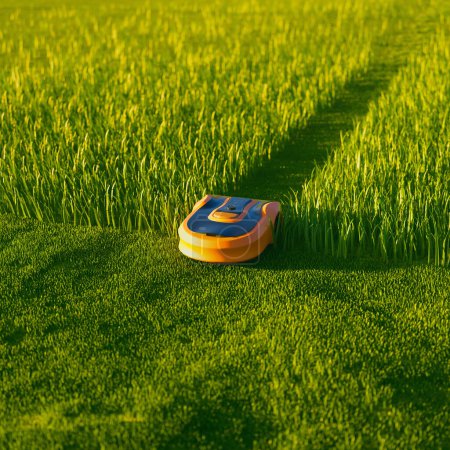 Téléchargez les photos : Un robot de pelouse au milieu de la pelouse. Robotique tondeuse à gazon couper l'herbe. Auto tondeuse à gazon coupe herbe. Équipement intelligent sans fil contrôlé pour tonte d'herbe de jardin. Technologie moderne à distance. - en image libre de droit