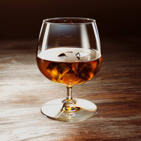 Téléchargez les photos : Un verre à whisky ancien et élégant avec des glaçons placés sur une table en bois. Cette image de rendu 3D capture l'atmosphère classique et sophistiquée de profiter d'un verre de whisky - en image libre de droit