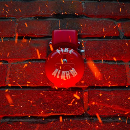 Foto de Alarma de humo en la pared de ladrillo. La campana de alarma eléctrica roja está sonando mientras el fuego se extiende. Partículas voladoras. La atmósfera de peligro y peligro. Sistema de construcción de seguridad. Concepto de salvar vidas. - Imagen libre de derechos