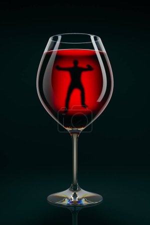 Téléchargez les photos : La scène allégorique avec un homme ivre nageant dans un verre à vin sur fond sombre. La dépendance à l'alcool. Un verre brillant rempli de liquide rouge avec un alcool accro piégé à l'intérieur. Rendre CGI - en image libre de droit
