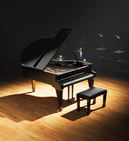 Photo for A black grand piano on stage, its keys shining under the spotlight, captivates the audience. The empty hall creates anticipation for the upcoming beautiful melodies - Royalty Free Image
