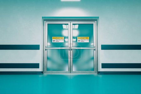 Photo for An empty hospital corridor with glass doors illuminated by bright white light. The corridor is under quarantine and restricted access due to the ongoing COVID-19 pandemic. - Royalty Free Image
