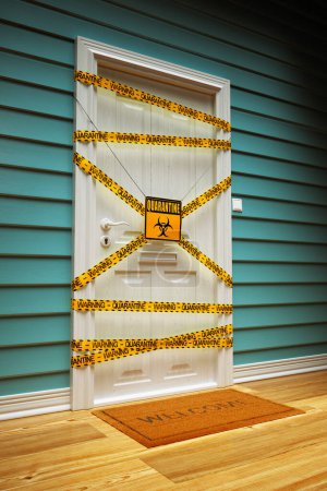 Téléchargez les photos : La porte d'entrée d'une maison est scellée avec des rubans jaunes, symbolisant la quarantaine et la prévention des virus. Restreindre l'accès pour assurer la sécurité des résidents. Crise sanitaire mondiale et pandémique - en image libre de droit