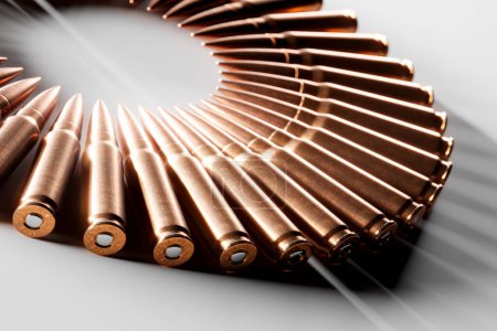 A close-up 3D rendering of sniper ammunition arranged in a circular pattern on a white background. This image showcases the precision and lethal nature of sniper rifles.
