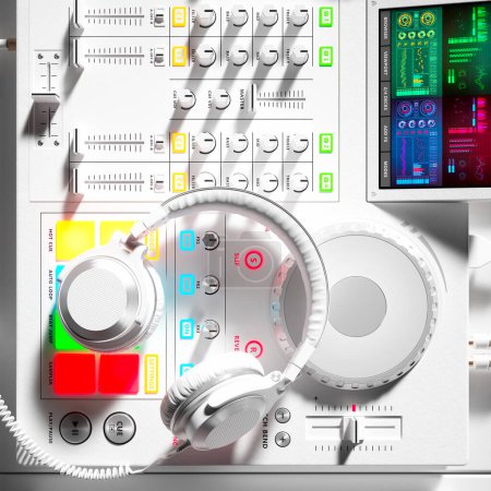 Foto de Set de DJ con auriculares Deejay profesionales en un ambiente de humor de estudio blanco con luces coloridas que iluminan el hardware contemporáneo. Pieza moderna de la tecnología de entretenimiento musical - Imagen libre de derechos