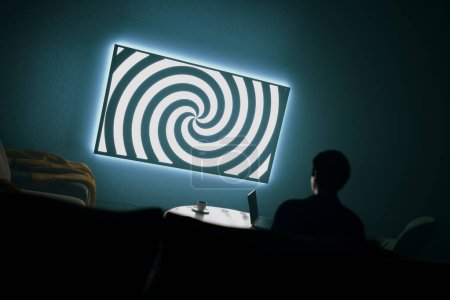 A 3D rendering of a dark room with a silhouette of a person sitting and watching TV. The TV screen displays a hypnotizing spiral. This image represents manipulation and the power of media.