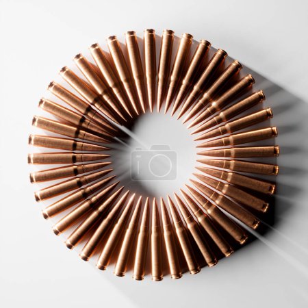 Photo for A close-up 3D rendering of sniper ammunition arranged in a circular pattern on a white background. This image showcases the precision and lethal nature of sniper rifles. - Royalty Free Image