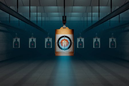 Photo for Shooting range in dense fog with target riddling by bullets. Training practice or competition which requires great aiming accuracy and precision. Paper object damaged with great force by bullet hits. - Royalty Free Image