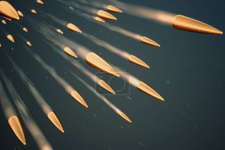 Bullets with smoke traces flying through the air. The bullets are captured in mid-air, creating a sense of dynamic motion and intensity. Power and danger of weaponry in combat situations.