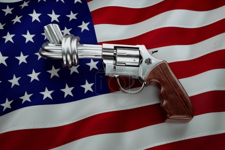 Photo for Revolver with a knot on the barrel. Metallic handgun laying on waving American national flag. Metaphor of peace or objection against traditional U.S. gun ownership for self - protection and defense - Royalty Free Image