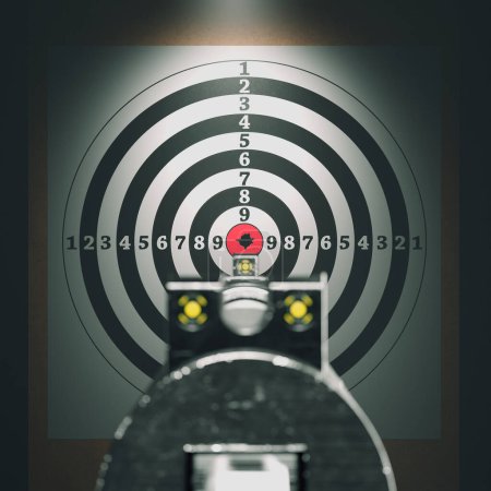 Gun aiming towards shooting target. Pistol in hands focuses aim to the target paper. Gunsight. Targeting. Shooting practice at the firing range. Concept of shooting competition. Military training.