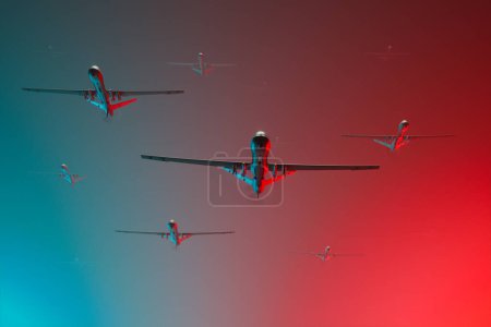 Photo for Aerial view of a fleet of unmanned aerial vehicles soaring high in the sky. This 3D rendering showcases the advanced technology and capabilities of these drones to fly in perfect formation. Red Sky - Royalty Free Image