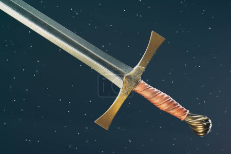 Photo for A beautifully crafted medieval sword with a shiny blade and a sculpted leather handle, ready for battle. Intricate details of the sword, showcasing its craftsmanship. - Royalty Free Image