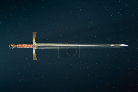 Téléchargez les photos : Une épée médiévale magnifiquement conçue avec une lame brillante et une poignée en cuir sculpté, prête pour la bataille. Détails complexes de l'épée, mettant en valeur son savoir-faire. - en image libre de droit