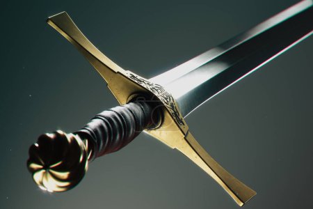 Téléchargez les photos : Une épée médiévale magnifiquement conçue avec une lame brillante et une poignée en cuir sculpté, prête pour la bataille. Détails complexes de l'épée, mettant en valeur son savoir-faire. - en image libre de droit