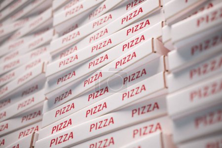 Photo for A huge pile of cardboard pizza boxes. Stack of disposable white pizza cartons. Fast food packaging. Take out. Delivery. The boxes are placed on top of each other and lined up next to another. - Royalty Free Image