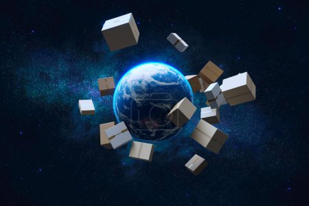 Photo for Parcels floating above the Earth, symbolizing the global reach of logistics and delivery services. Fast transportation concept. Cardboard boxes in the space. The Milky Way in the background. - Royalty Free Image