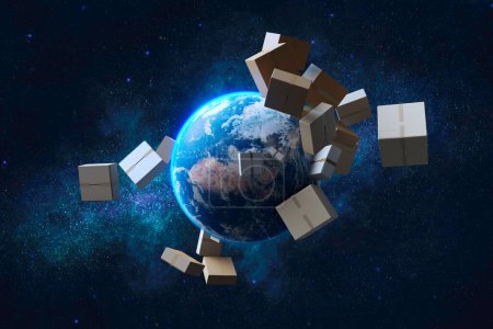 Photo for Parcels floating above the Earth, symbolizing the global reach of logistics and delivery services. Fast transportation concept. Cardboard boxes in the space. The Milky Way in the background. - Royalty Free Image