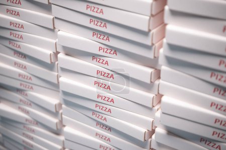 Téléchargez les photos : Une énorme pile de boîtes à pizza en carton. Empilement de cartons de pizza blanche jetables. Emballage de restauration rapide. Sortez. Livraison. Les boîtes sont placées les unes sur les autres et alignées les unes à côté des autres. - en image libre de droit