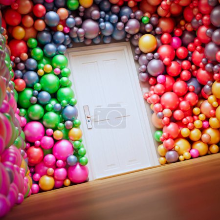 Photo for Multicolored balls or balloons cover the interior walls of a building. Vibrant, colorful Abstract decoration of a house. Anniversary, birthday, celebration, baby shower. Playful and festive atmosphere - Royalty Free Image
