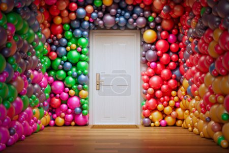 Foto de Bolas multicolores o globos cubren las paredes interiores de un edificio. Vibrante, colorido Decoración abstracta de una casa. Aniversario, cumpleaños, celebración, baby shower. Ambiente lúdico y festivo - Imagen libre de derechos