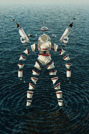 3D rendering of a disassembled astronaut or diver suit floating above an ocean waves and ripples. This image showcases the futuristic concept of space exploration and deep-sea abyss diving