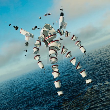 Téléchargez les photos : Rendu 3D d'un astronaute ou d'une combinaison de plongée démontée flottant au-dessus des vagues et des ondulations d'un océan. Cette image met en valeur le concept futuriste d'exploration spatiale et de plongée sous-marine dans les abysses - en image libre de droit