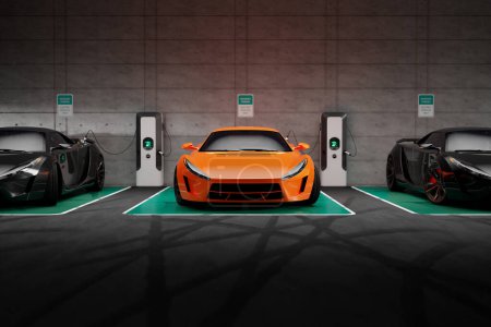 Photo for Electric cars connected to a charging station on a parking lot. In the center, there is an orange sports supercar.  This image represents the use of renewable energy and eco-friendly transportation. - Royalty Free Image