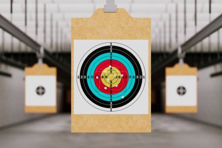 Photo for Shooting range with target riddling by bullets. Training practice or competition which requires great aiming accuracy and precision. Paper object damaged with great force by bullet hits. - Royalty Free Image